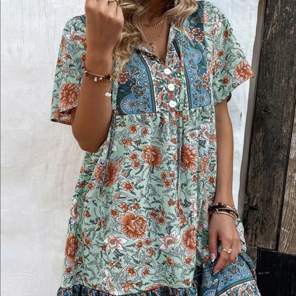 Floral Print Tie Neck Smock Mini Dress - Picture 5 of 7